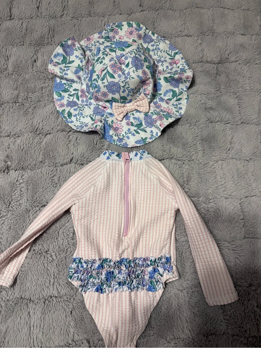 Girls' Pink Striped Long-Sleeve One-Piece Swimsuit with Floral Trim